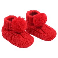 ABO12-R: Red Cable Bootees w/Pom Pom